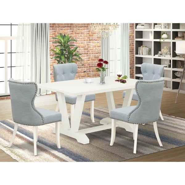 East West Furniture 5 Piece V-Style Dining Room Table Set - Wire Brushed Linen White V026SI215-5 - main